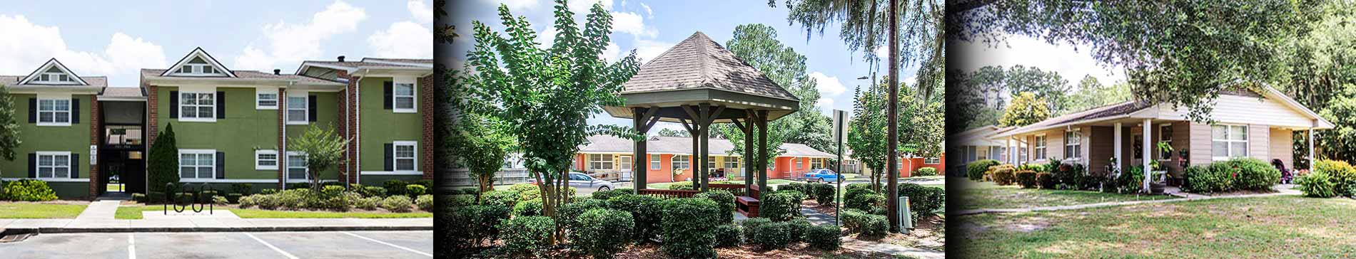 From left: Family embracing on front porch, City of Fairburn sign, Couple reading to child